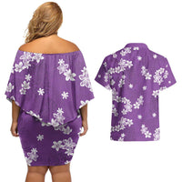 Hawaii Monstera Deliciosa Couples Matching Off Shoulder Short Dress and Hawaiian Shirt Purple Plumeria Polynesian Pattern - Polynesian Pride