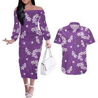 Hawaii Monstera Deliciosa Couples Matching Off The Shoulder Long Sleeve Dress and Hawaiian Shirt Purple Plumeria Polynesian Pattern - Polynesian Pride
