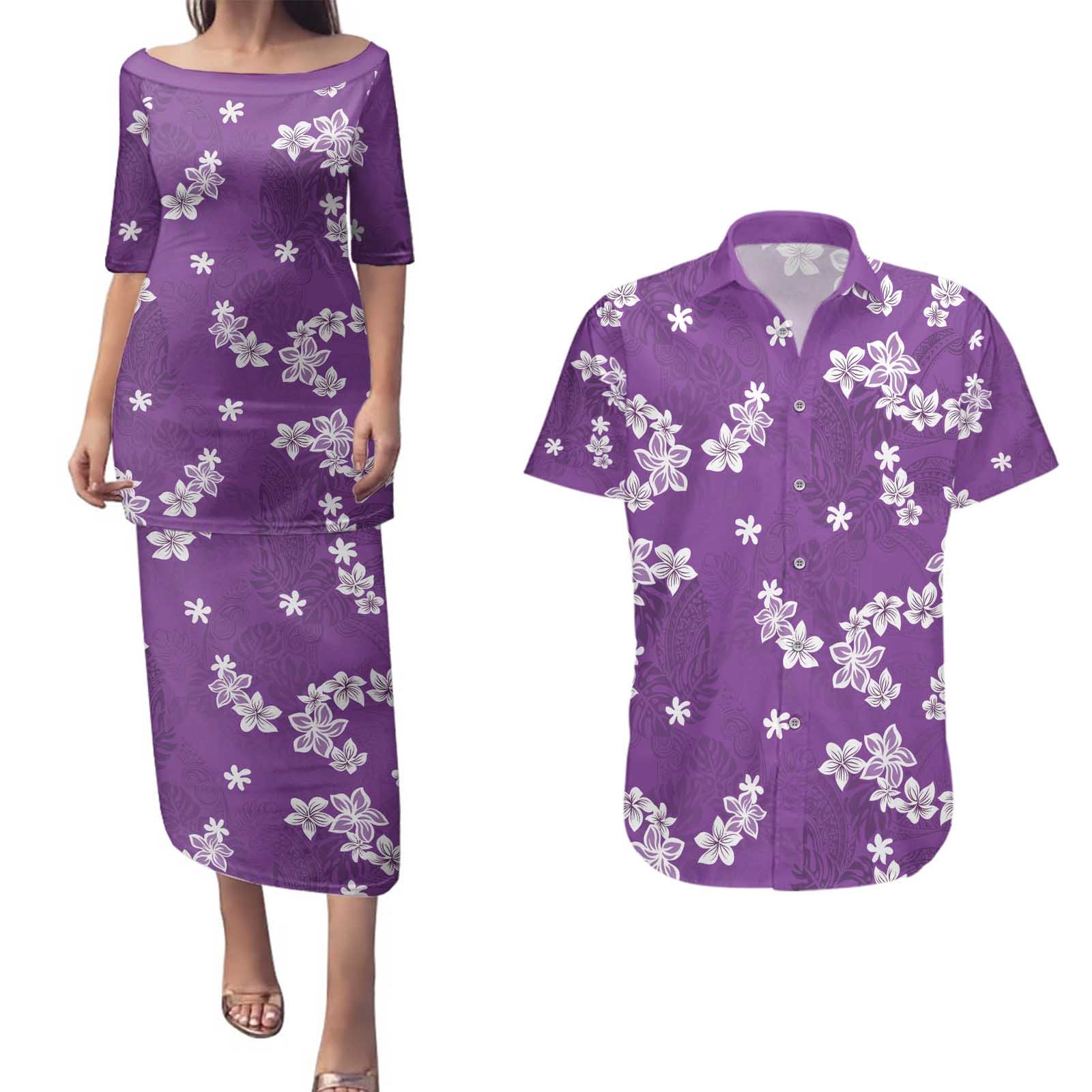 Hawaii Monstera Deliciosa Couples Matching Puletasi and Hawaiian Shirt Purple Plumeria Polynesian Pattern LT05 Purple - Polynesian Pride