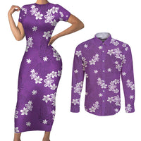 Hawaii Monstera Deliciosa Couples Matching Short Sleeve Bodycon Dress and Long Sleeve Button Shirt Purple Plumeria Polynesian Pattern - Polynesian Pride