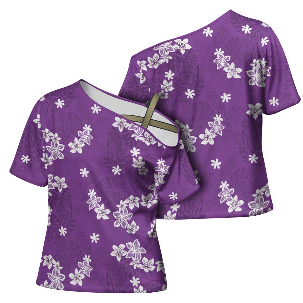 Hawaii Monstera Deliciosa Cross Shoulder Shirt Purple Plumeria Polynesian Pattern - Polynesian Pride