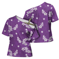 Hawaii Monstera Deliciosa Cross Shoulder Shirt Purple Plumeria Polynesian Pattern - Polynesian Pride