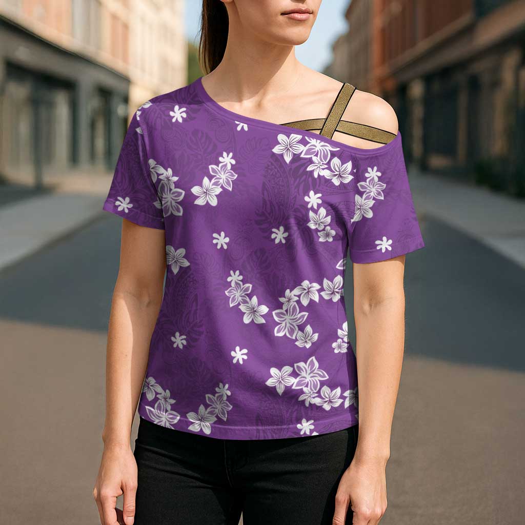 Hawaii Monstera Deliciosa Cross Shoulder Shirt Purple Plumeria Polynesian Pattern - Polynesian Pride