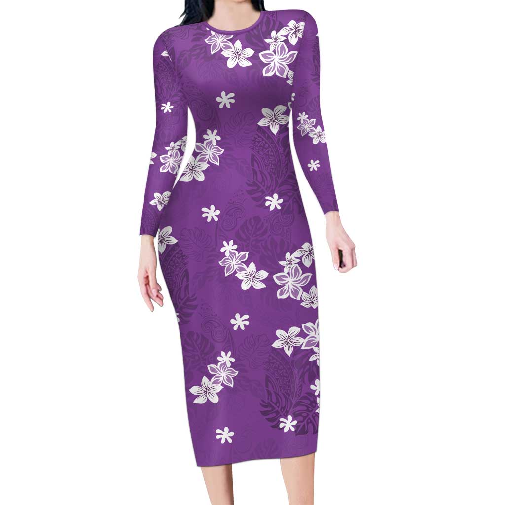 Hawaii Monstera Deliciosa Family Matching Long Sleeve Bodycon Dress and Hawaiian Shirt Purple Plumeria Polynesian Pattern - Polynesian Pride