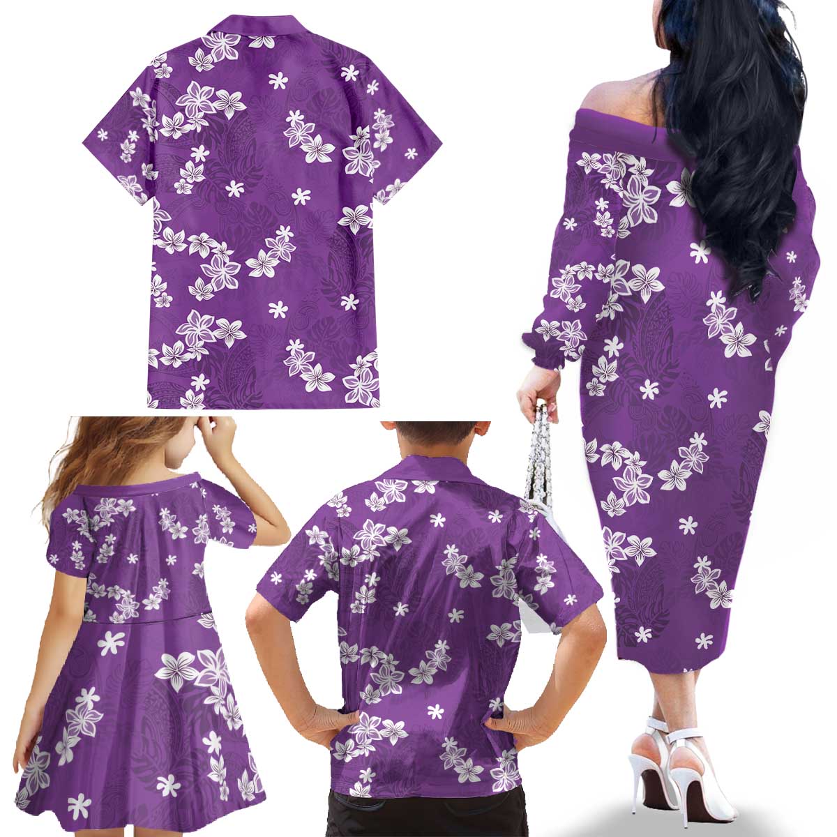 Hawaii Monstera Deliciosa Family Matching Off The Shoulder Long Sleeve Dress and Hawaiian Shirt Purple Plumeria Polynesian Pattern - Polynesian Pride