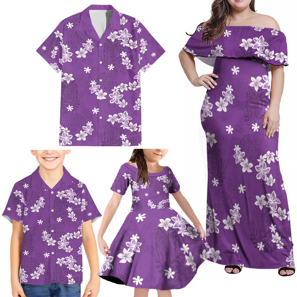 Hawaii Monstera Deliciosa Family Matching Off Shoulder Maxi Dress and Hawaiian Shirt Purple Plumeria Polynesian Pattern - Polynesian Pride
