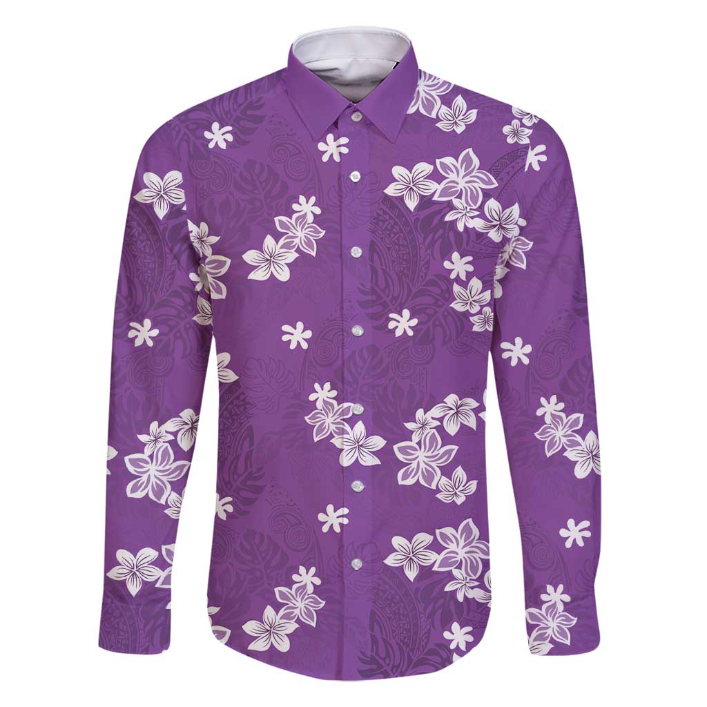 Hawaii Monstera Deliciosa Family Matching Off Shoulder Short Dress and Hawaiian Shirt Purple Plumeria Polynesian Pattern - Polynesian Pride