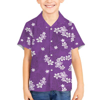 Hawaii Monstera Deliciosa Family Matching Off Shoulder Short Dress and Hawaiian Shirt Purple Plumeria Polynesian Pattern - Polynesian Pride
