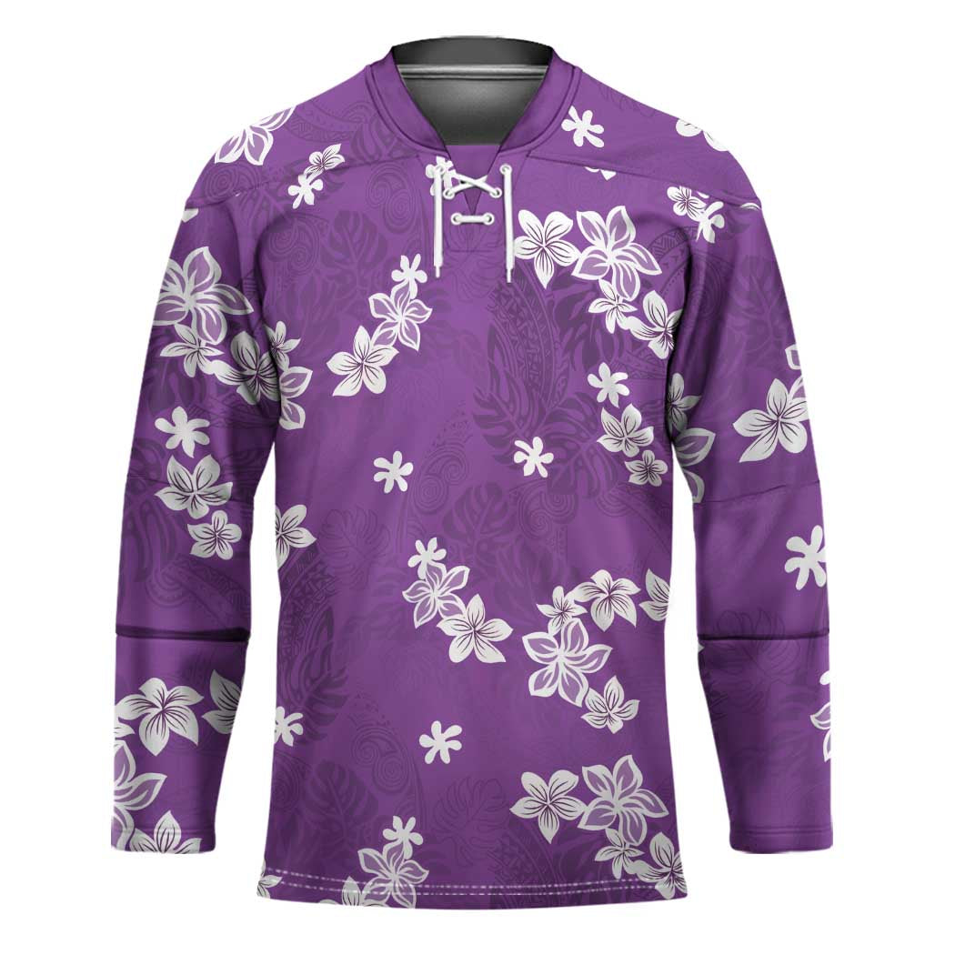 Hawaii Monstera Deliciosa Hockey Jersey Purple Plumeria Polynesian Pattern - Polynesian Pride