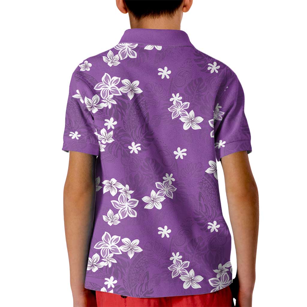 Hawaii Monstera Deliciosa Kid Polo Shirt Purple Plumeria Polynesian Pattern - Polynesian Pride