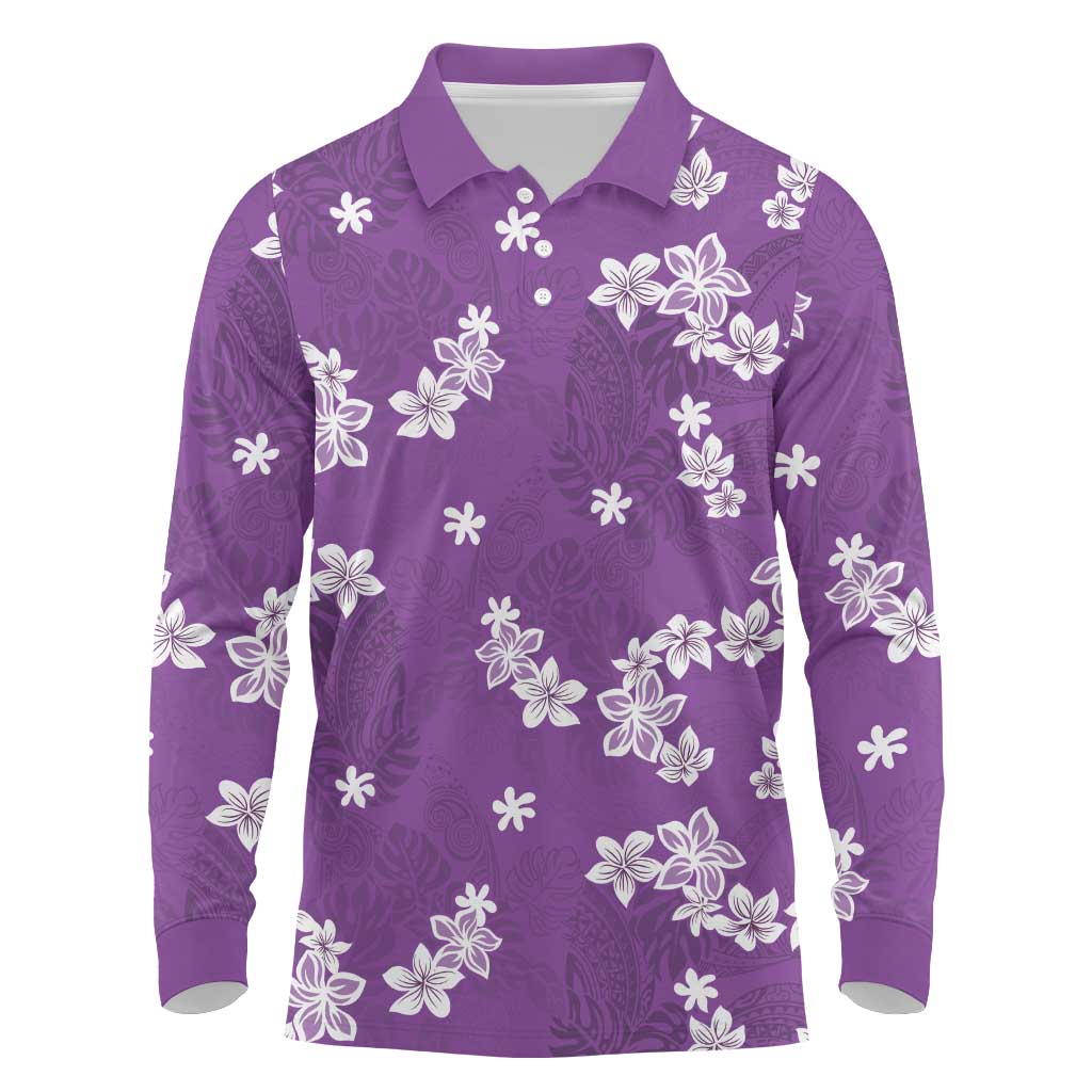 Hawaii Monstera Deliciosa Long Sleeve Polo Shirt Purple Plumeria Polynesian Pattern LT05 Purple - Polynesian Pride