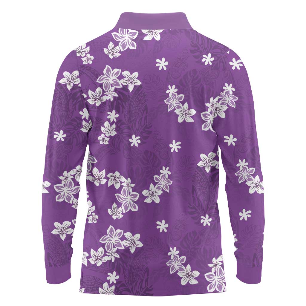Hawaii Monstera Deliciosa Long Sleeve Polo Shirt Purple Plumeria Polynesian Pattern - Polynesian Pride