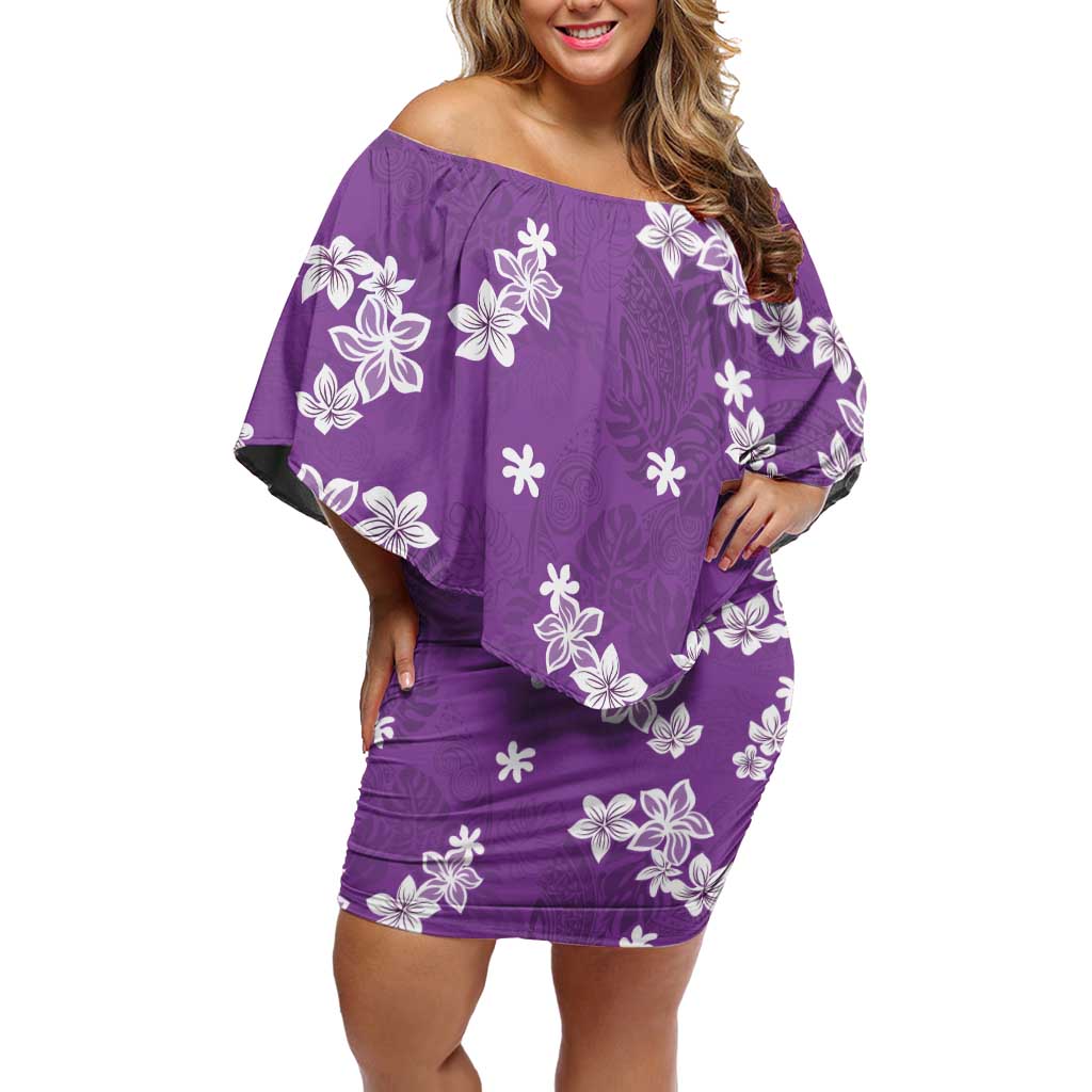 Hawaii Monstera Deliciosa Off Shoulder Short Dress Purple Plumeria Polynesian Pattern - Polynesian Pride