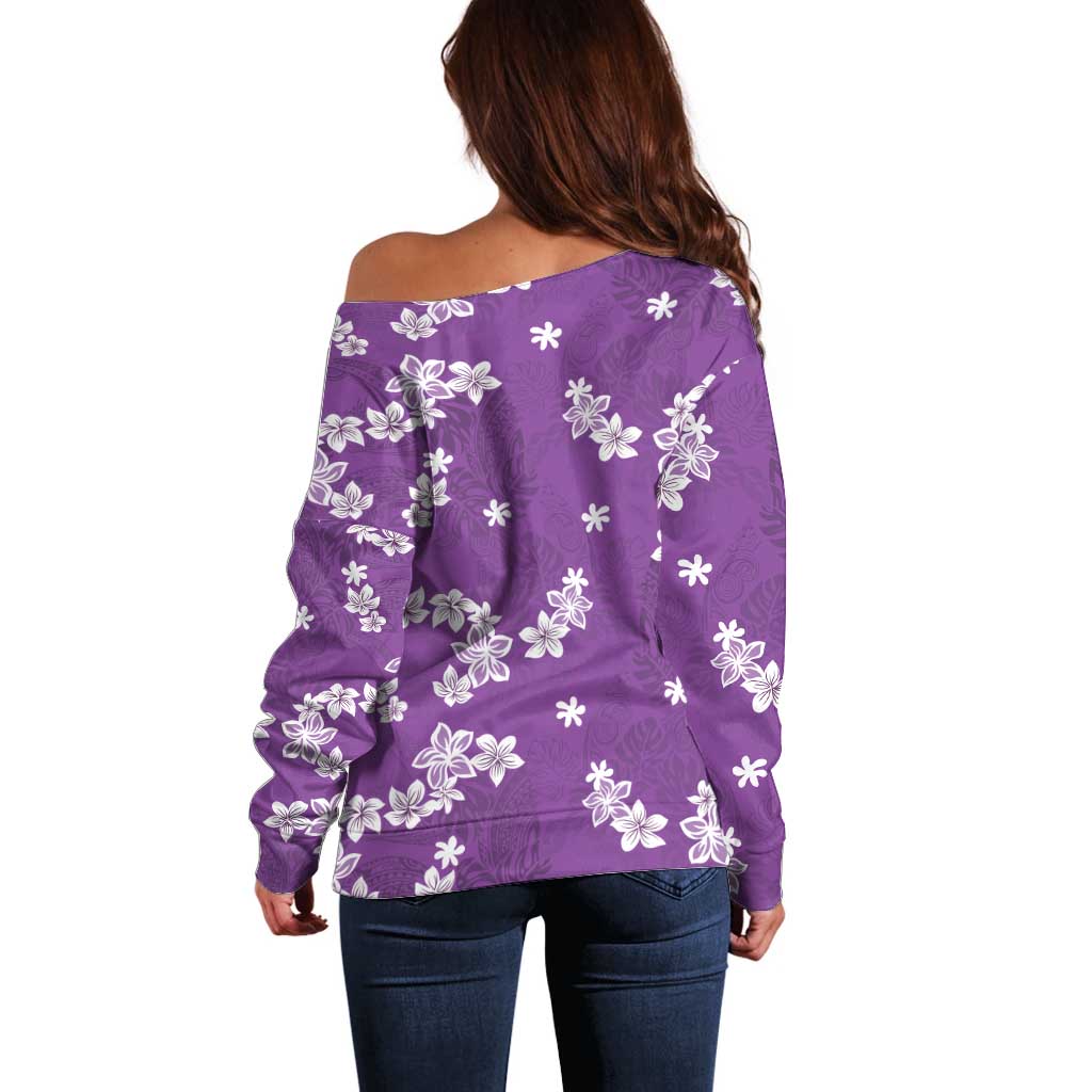 Hawaii Monstera Deliciosa Off Shoulder Sweater Purple Plumeria Polynesian Pattern - Polynesian Pride