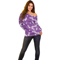 Hawaii Monstera Deliciosa Off Shoulder Sweater Purple Plumeria Polynesian Pattern - Polynesian Pride