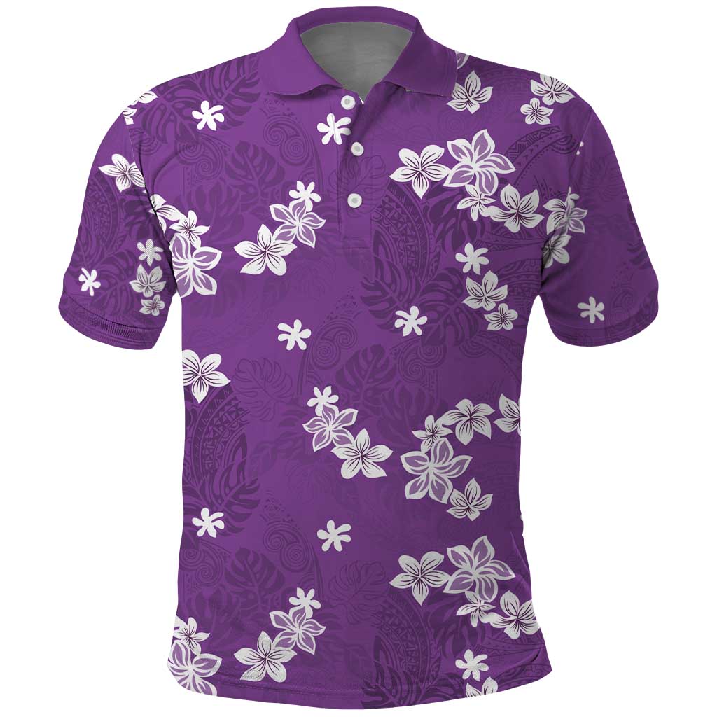 Hawaii Monstera Deliciosa Polo Shirt Purple Plumeria Polynesian Pattern - Polynesian Pride