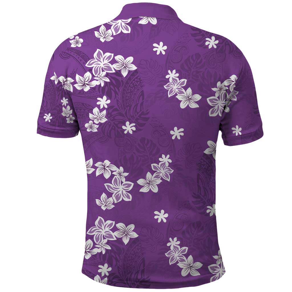 Hawaii Monstera Deliciosa Polo Shirt Purple Plumeria Polynesian Pattern - Polynesian Pride