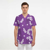 Hawaii Monstera Deliciosa Scrub Top Purple Plumeria Polynesian Pattern - Polynesian Pride