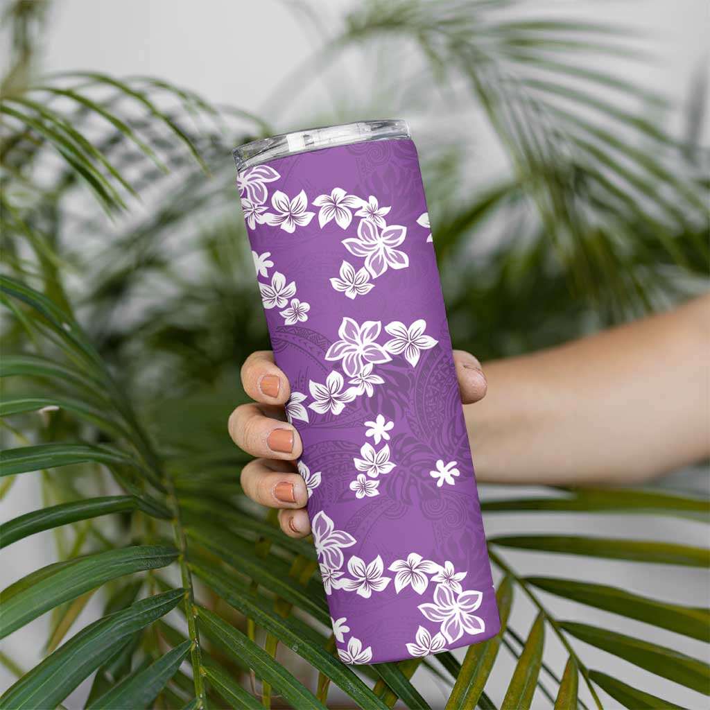 Hawaii Monstera Deliciosa Skinny Tumbler Purple Plumeria Polynesian Pattern - Polynesian Pride