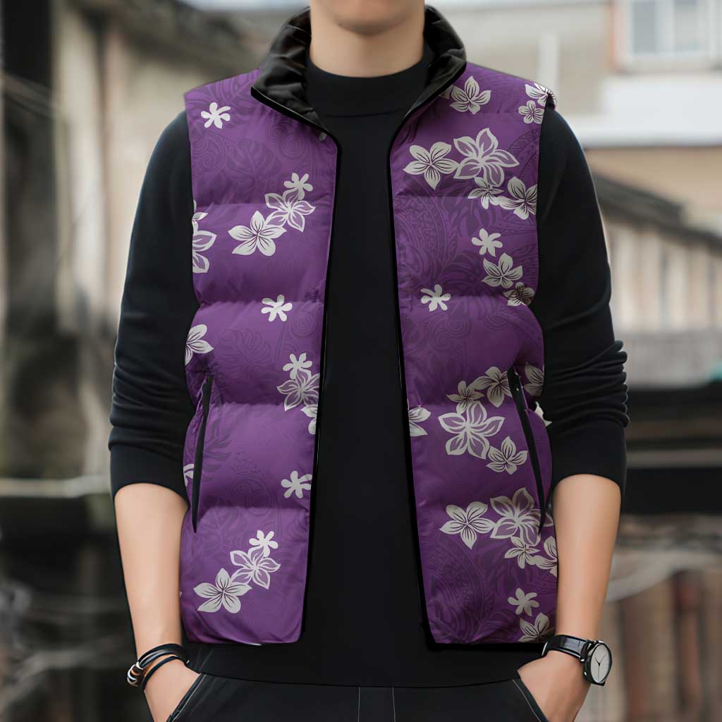 Hawaii Monstera Deliciosa Sleeveless Puffer Jacket Purple Plumeria Polynesian Pattern - Polynesian Pride