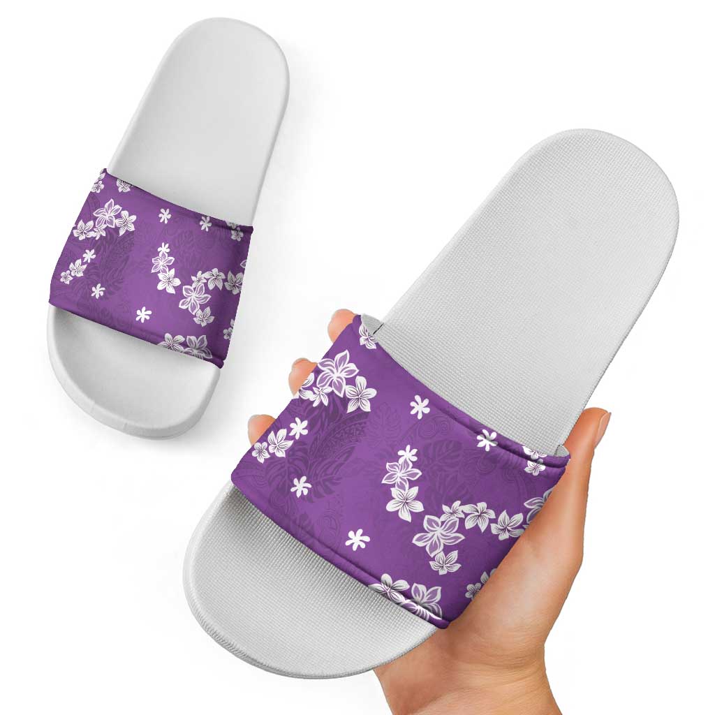 monstera slides Hawaii Monstera Deliciosa Slide Sandals Purple Plumeria Polynesian Pattern
