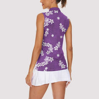 Hawaii Monstera Deliciosa Women Sleeveless Polo Shirt Purple Plumeria Polynesian Pattern - Polynesian Pride
