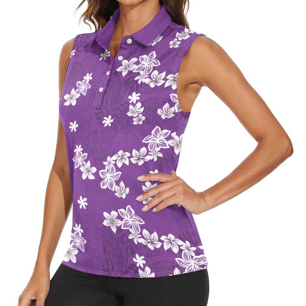 Hawaii Monstera Deliciosa Women Sleeveless Polo Shirt Purple Plumeria Polynesian Pattern - Polynesian Pride