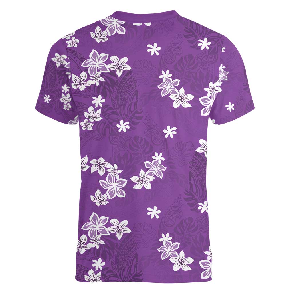 Hawaii Monstera Deliciosa Women V-Neck T-Shirt Purple Plumeria Polynesian Pattern - Polynesian Pride
