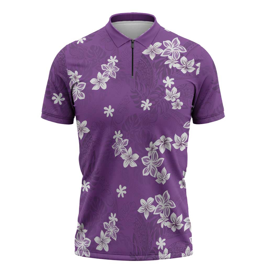 Hawaii Monstera Deliciosa Zipper Polo Shirt Purple Plumeria Polynesian Pattern - Polynesian Pride