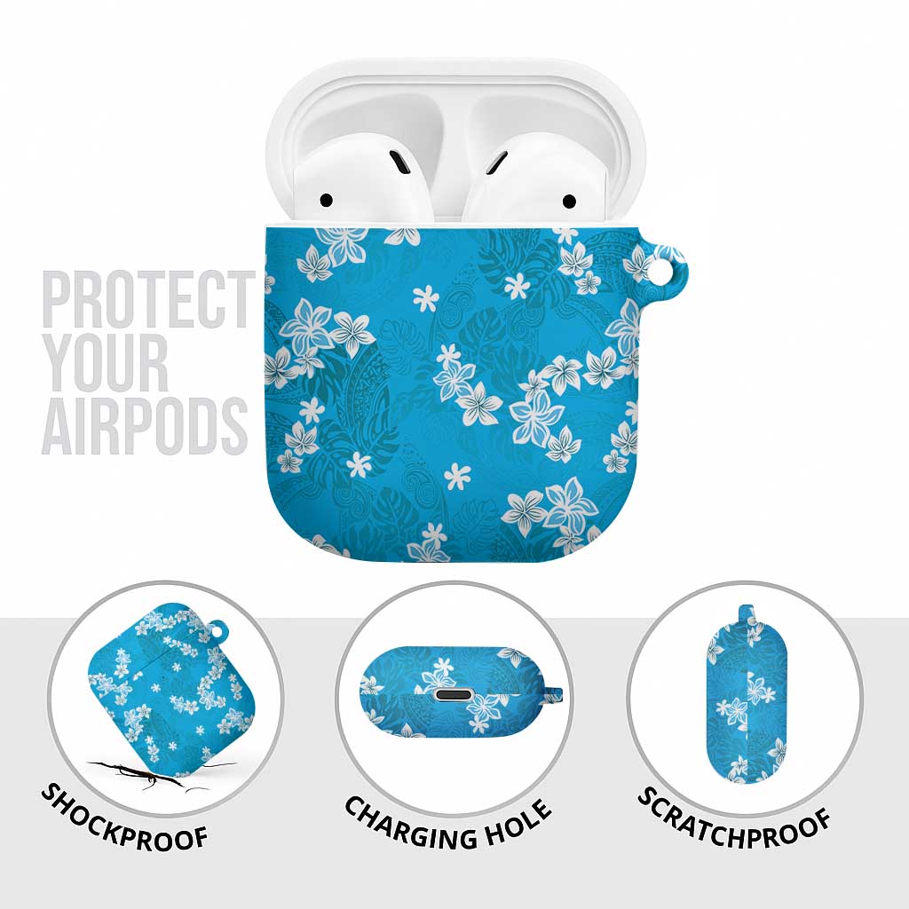 Hawaii Monstera Deliciosa AirPods Case Blue Plumeria Polynesian Pattern - Polynesian Pride