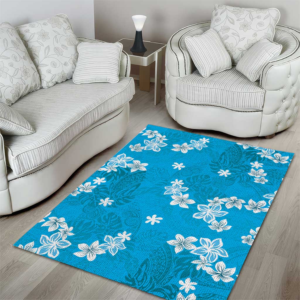 Hawaii Monstera Deliciosa Area Rug Blue Plumeria Polynesian Pattern - Polynesian Pride