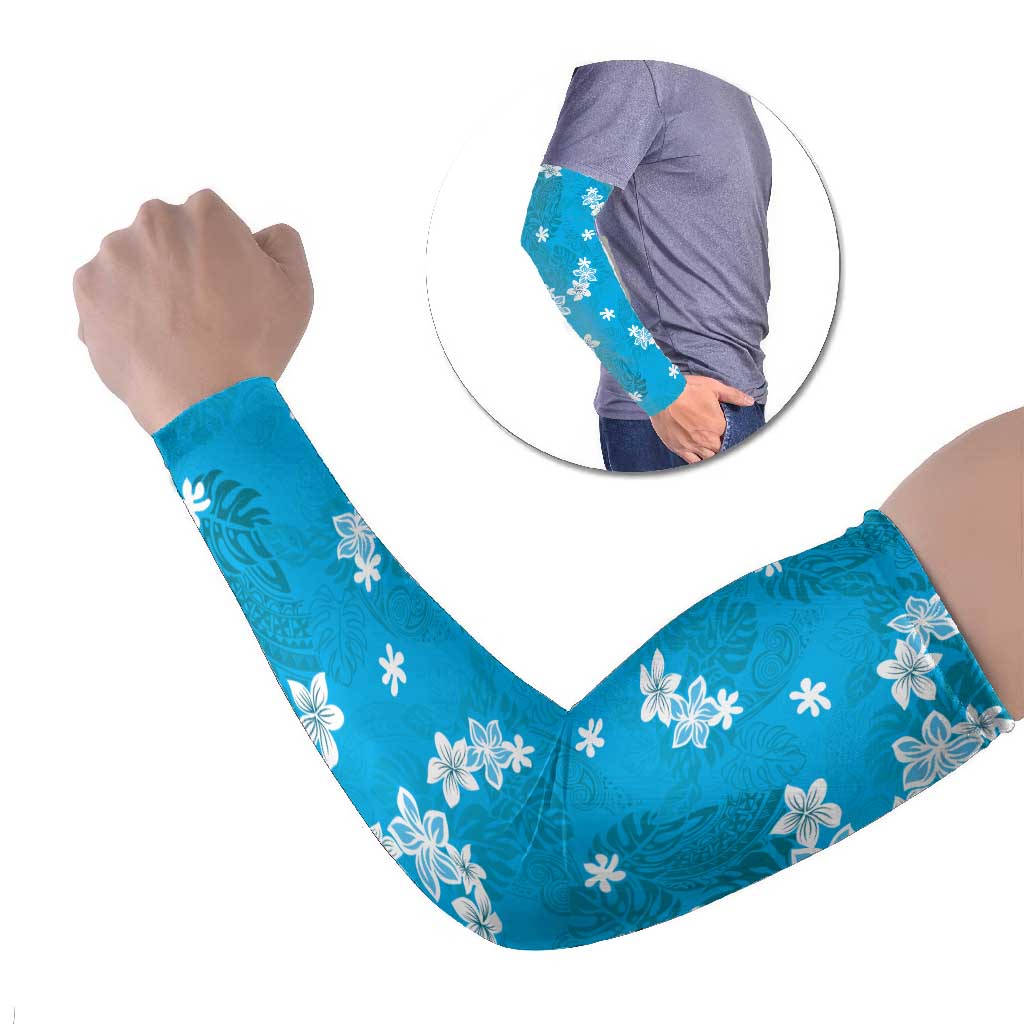 Hawaii Monstera Deliciosa Arm Sleeves Blue Plumeria Polynesian Pattern - Polynesian Pride