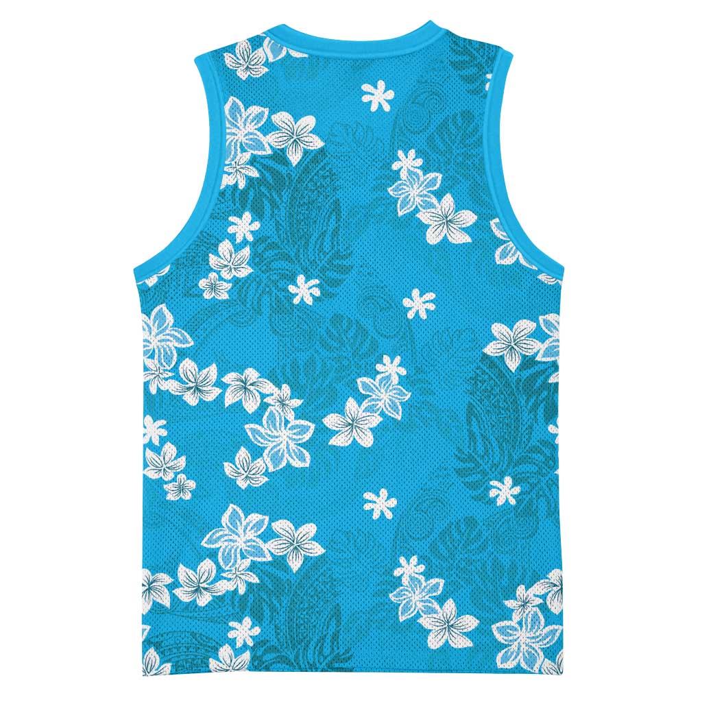 Hawaii Monstera Deliciosa Basketball Jersey Blue Plumeria Polynesian Pattern - Polynesian Pride