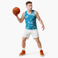 Hawaii Monstera Deliciosa Basketball Jersey Blue Plumeria Polynesian Pattern - Polynesian Pride