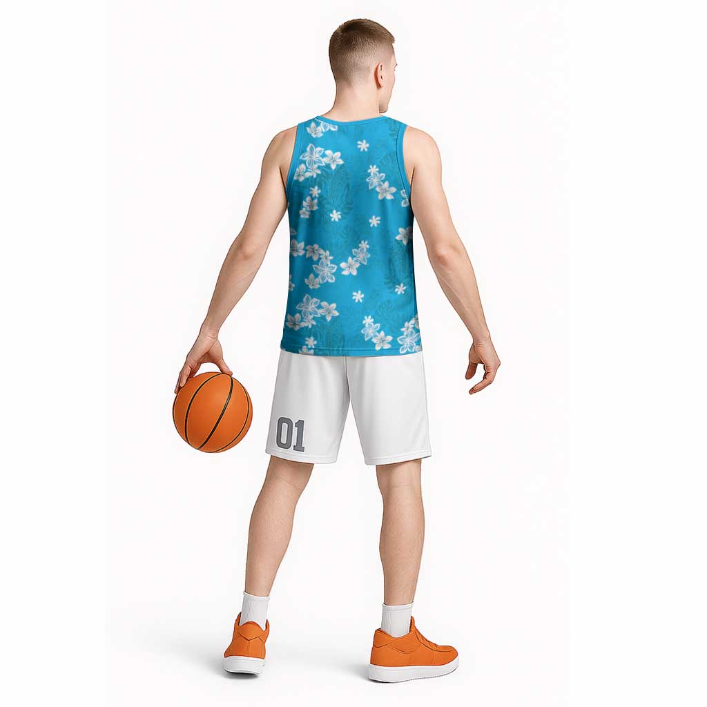 Hawaii Monstera Deliciosa Basketball Jersey Blue Plumeria Polynesian Pattern - Polynesian Pride