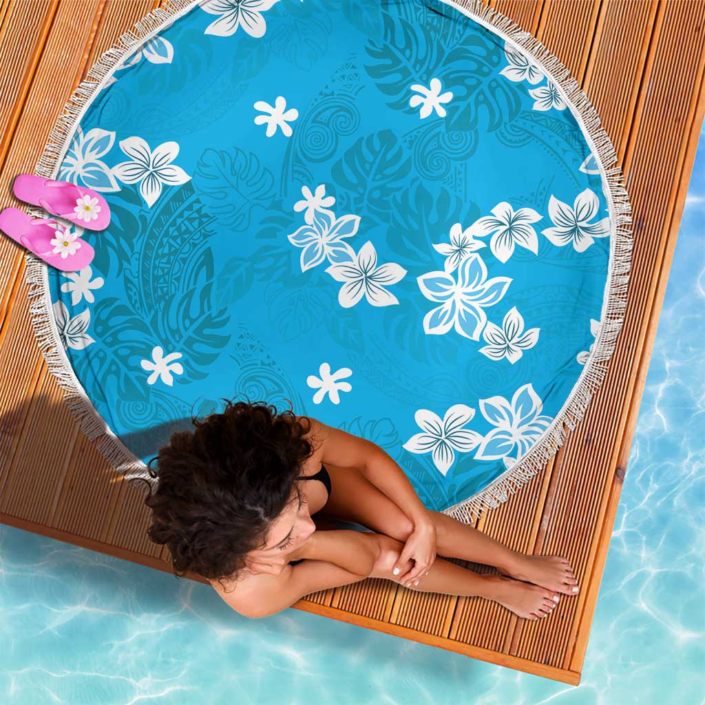 Hawaii Monstera Deliciosa Beach Blanket Blue Plumeria Polynesian Pattern - Polynesian Pride