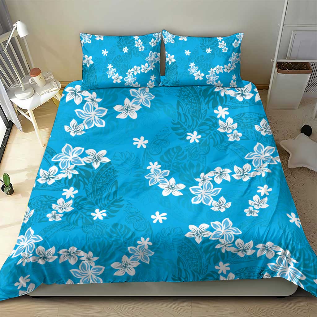 Hawaii Monstera Deliciosa Bedding Set Blue Plumeria Polynesian Pattern - Polynesian Pride