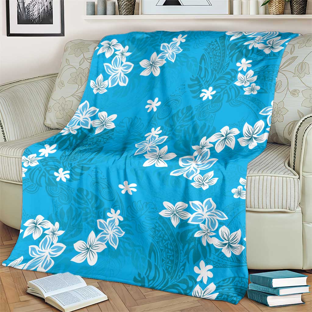 Hawaii Monstera Deliciosa Blanket Blue Plumeria Polynesian Pattern - Polynesian Pride