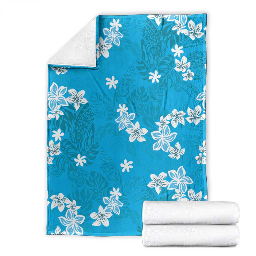 Hawaii Monstera Deliciosa Blanket Blue Plumeria Polynesian Pattern - Polynesian Pride
