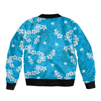 Hawaii Monstera Deliciosa Bomber Jacket Blue Plumeria Polynesian Pattern - Polynesian Pride