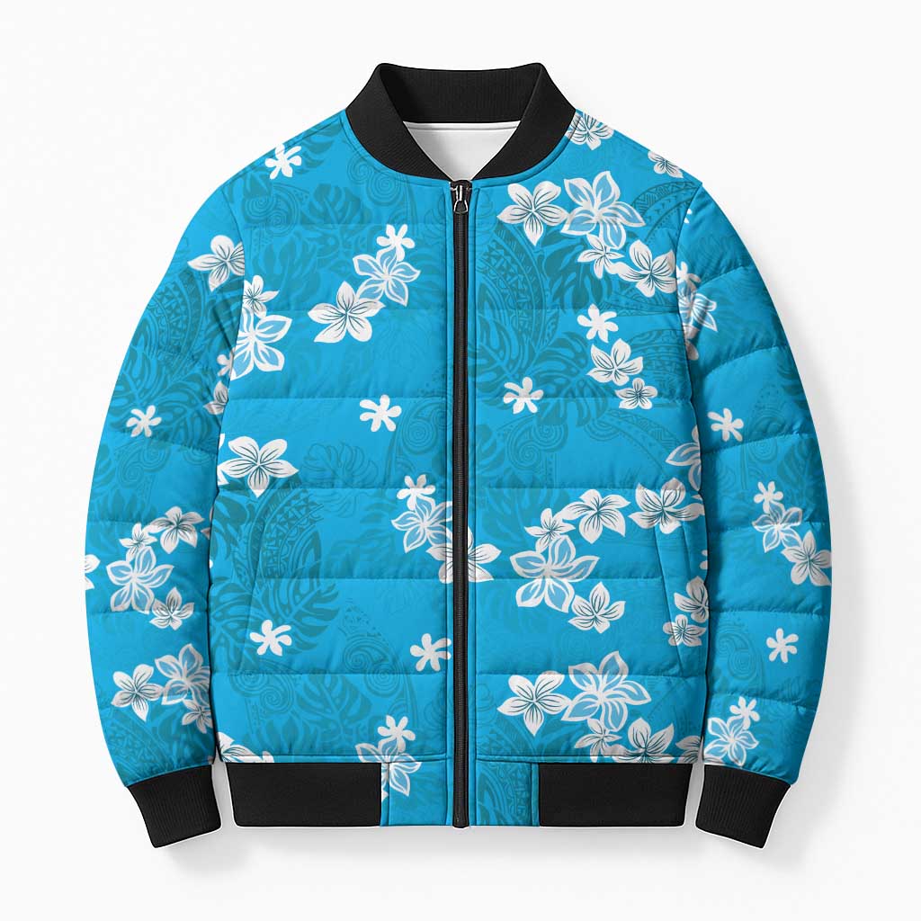Hawaii Monstera Deliciosa Bomber Puffer Jacket Blue Plumeria Polynesian Pattern - Polynesian Pride
