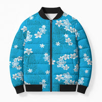 Hawaii Monstera Deliciosa Bomber Puffer Jacket Blue Plumeria Polynesian Pattern - Polynesian Pride