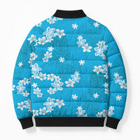 Hawaii Monstera Deliciosa Bomber Puffer Jacket Blue Plumeria Polynesian Pattern - Polynesian Pride