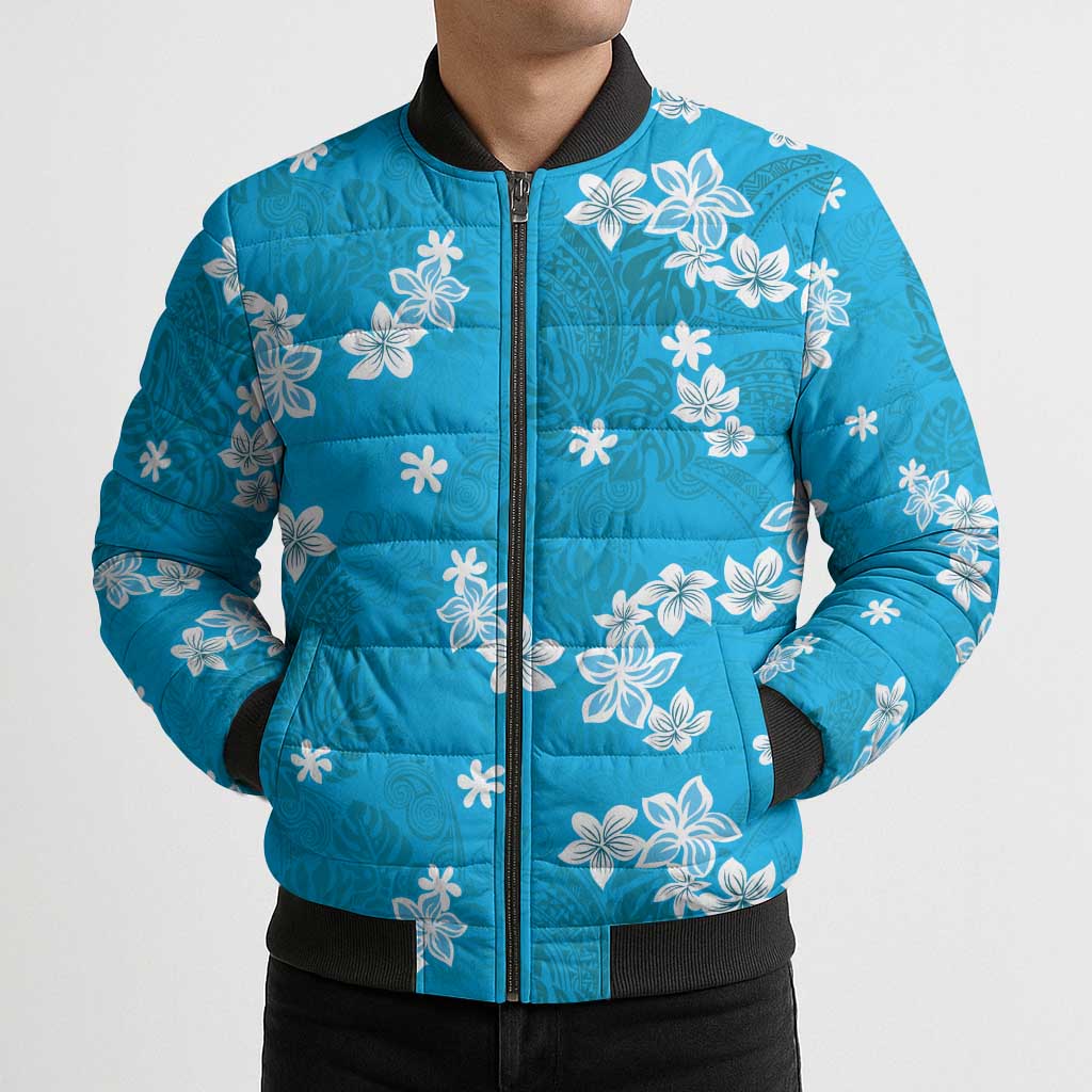 Hawaii Monstera Deliciosa Bomber Puffer Jacket Blue Plumeria Polynesian Pattern - Polynesian Pride