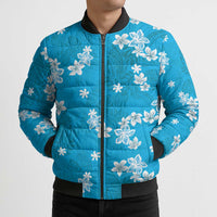 Hawaii Monstera Deliciosa Bomber Puffer Jacket Blue Plumeria Polynesian Pattern - Polynesian Pride