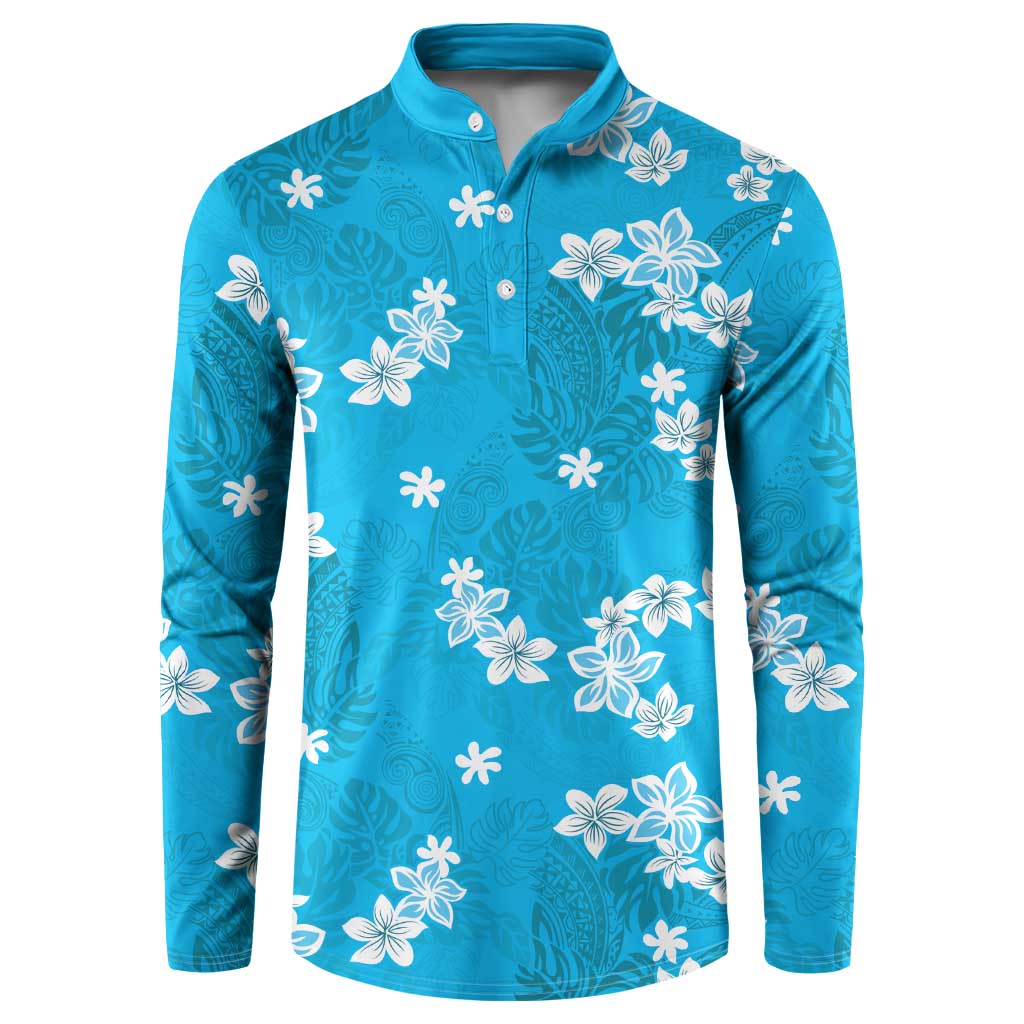 Hawaii Monstera Deliciosa Button Sweatshirt Blue Plumeria Polynesian Pattern - Polynesian Pride