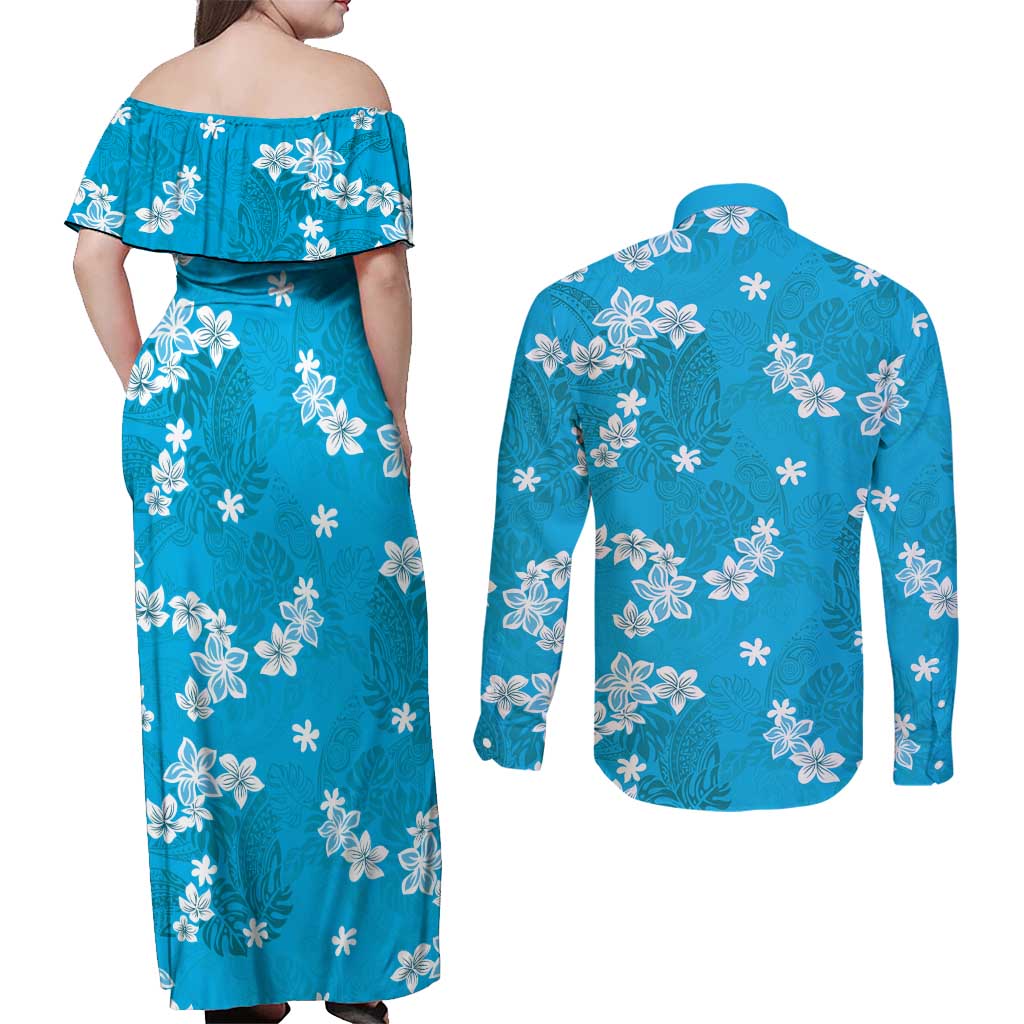 Hawaii Monstera Deliciosa Couples Matching Off Shoulder Maxi Dress and Long Sleeve Button Shirt Blue Plumeria Polynesian Pattern - Polynesian Pride