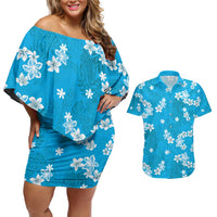 Hawaii Monstera Deliciosa Couples Matching Off Shoulder Short Dress and Hawaiian Shirt Blue Plumeria Polynesian Pattern - Polynesian Pride
