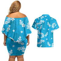 Hawaii Monstera Deliciosa Couples Matching Off Shoulder Short Dress and Hawaiian Shirt Blue Plumeria Polynesian Pattern - Polynesian Pride