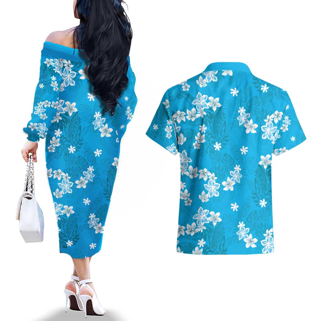 Hawaii Monstera Deliciosa Couples Matching Off The Shoulder Long Sleeve Dress and Hawaiian Shirt Blue Plumeria Polynesian Pattern - Polynesian Pride